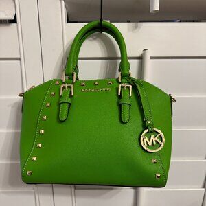 Michael Kors Ciara Studded Saffiano Leather Satchel Green EUC